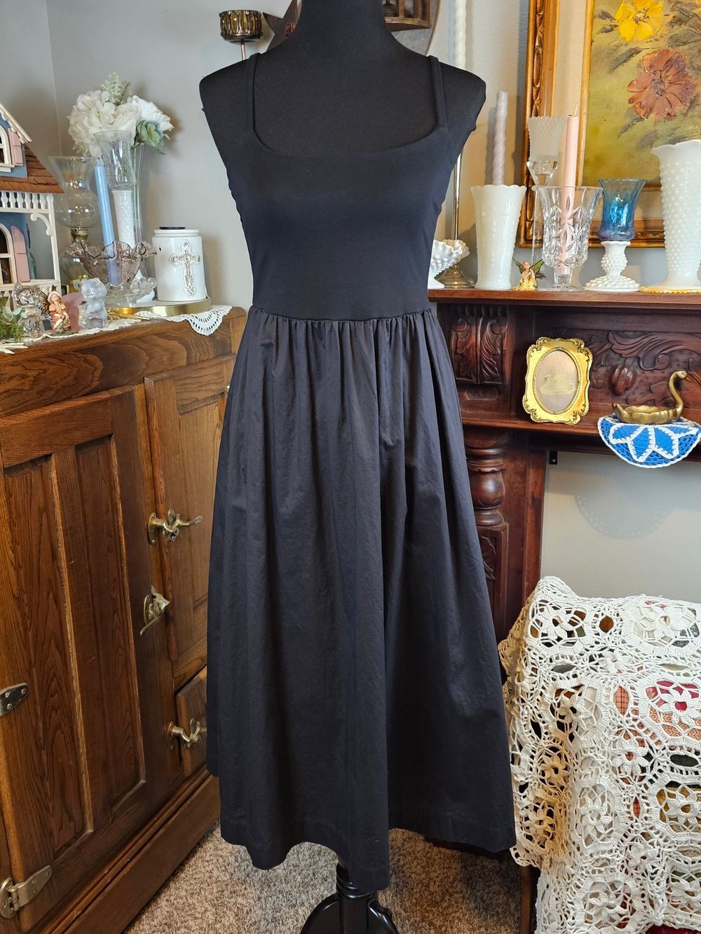 Old Navy Square Neck Cotton Midi Dress Black Fit Flare Medium